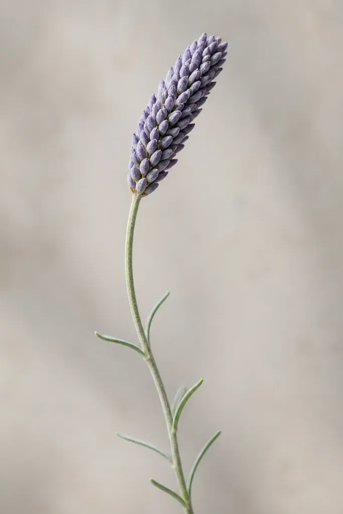 A lavender sprig with a head made of tiny seed-like teardrop dots. The stem is thin and slightly curved, and leaves are small curved lines.