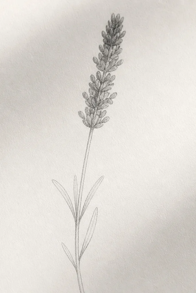 A pencil-only lavender sprig. The head is shaded with soft graphite strokes, darker at the top, and the stem and leaves are light pencil lines.