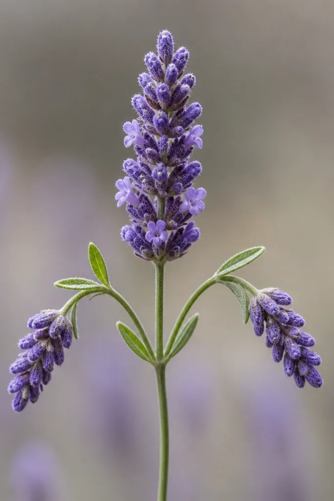 A main lavender head with two smaller side stems hanging slightly downward. Each head is made of short spike marks and has small leaf pairs.