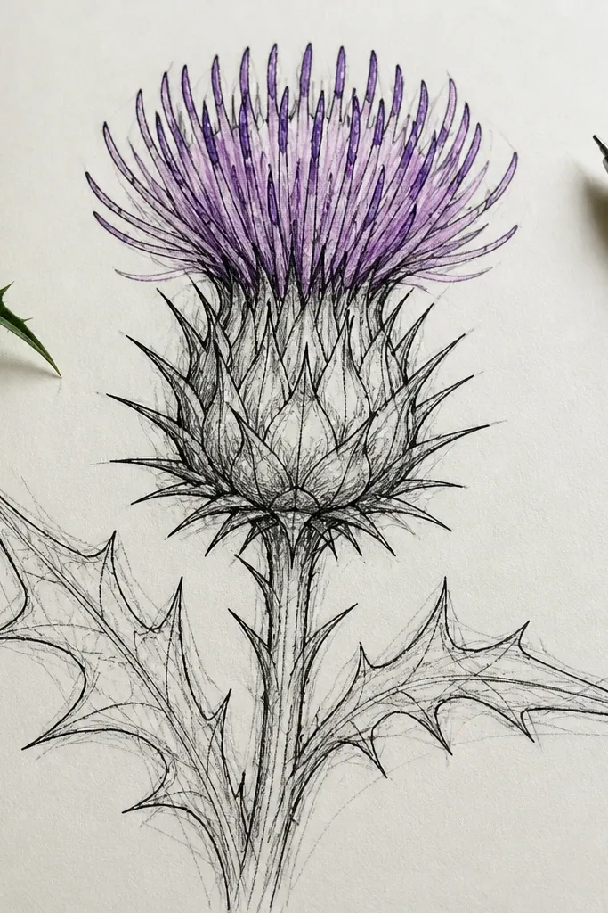 A two-stage look: faint pencil construction lines are visible under a darker ink outline. The head has small spike marks and shaded tips in purple.