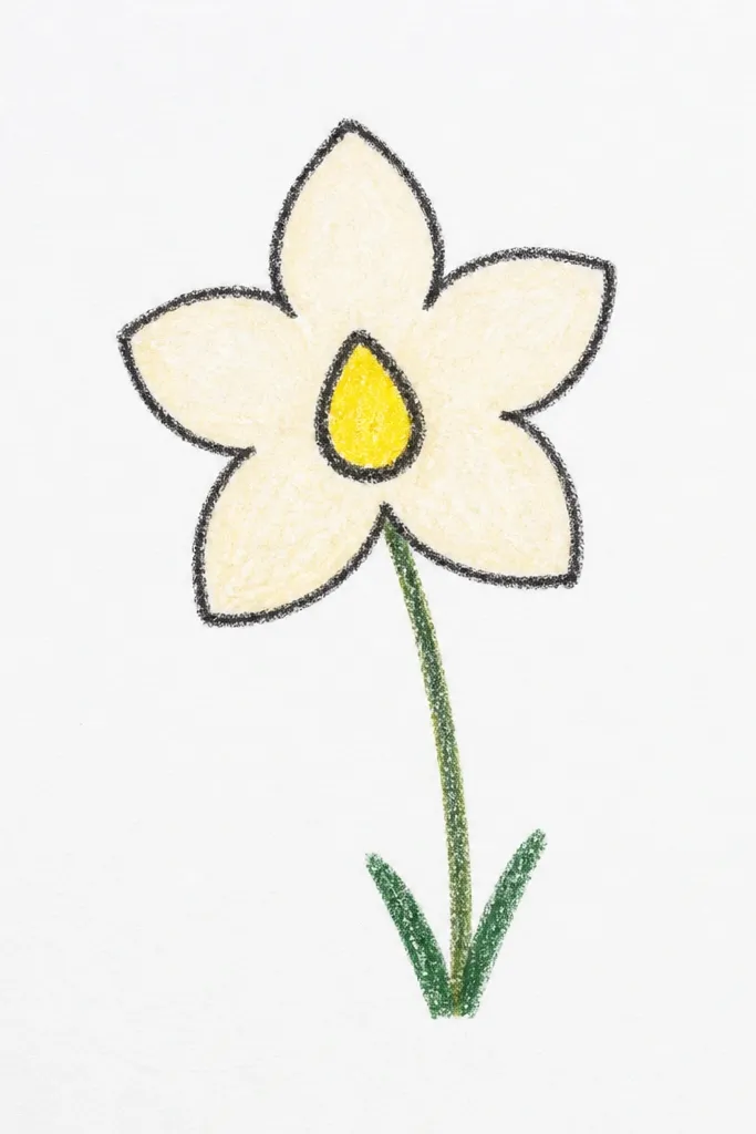 A single narcissus on white paper, drawn with dark crayon lines. The center cup is a small teardrop loop shaded bright yellow, with 5 smooth petal arcs around it in pale cream. A thin green stem slants slightly right, and two short leaf nubs sit near the base.