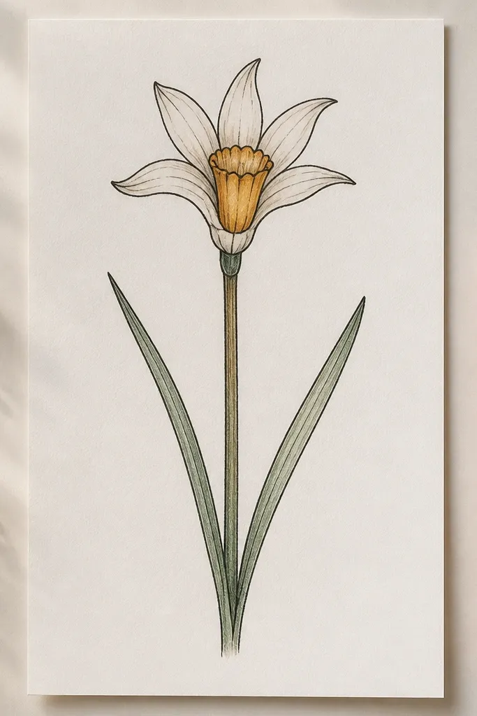A tall narcissus drawn in pencil and then traced with a dark marker. The cup is elongated like a narrow bell, shaded soft orange-yellow. Six slim petals curve upward, and the stem is straight with two narrow leaves that angle outward.