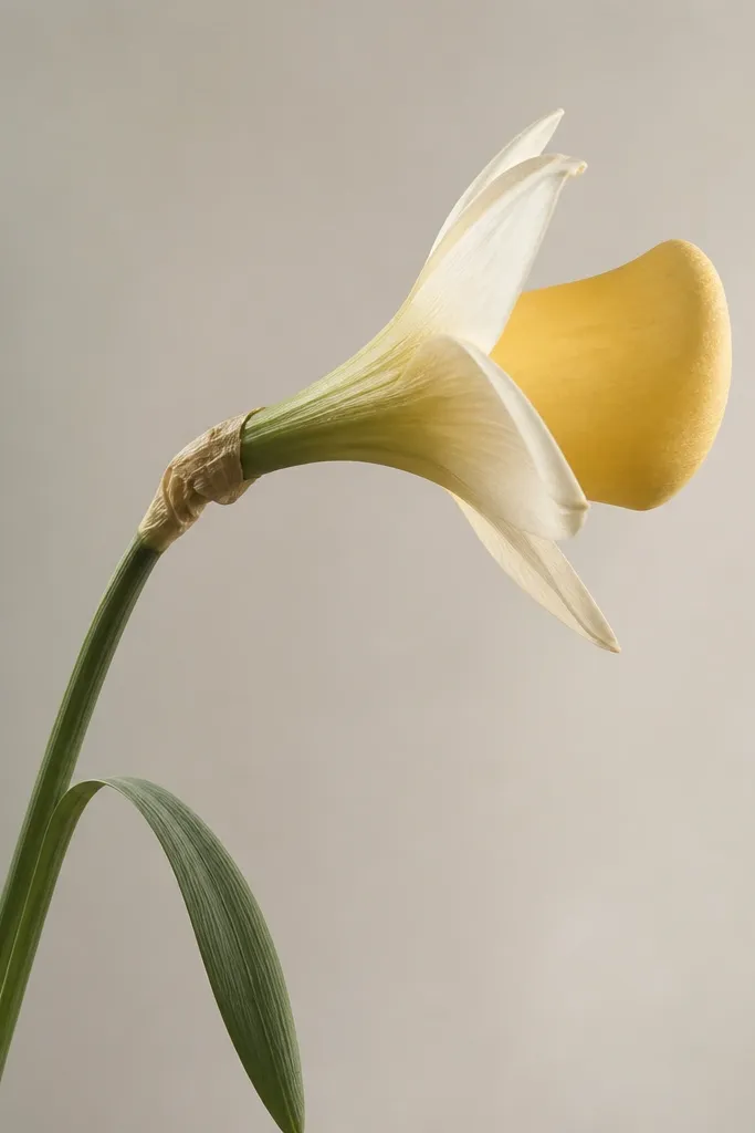 A narcissus turned to the right, shown in side profile. The cup looks like a rounded crescent, shaded light gold. Petals are fewer and thinner, drawn as overlapping arcs that wrap behind the center. The stem curves gently and a leaf points down.