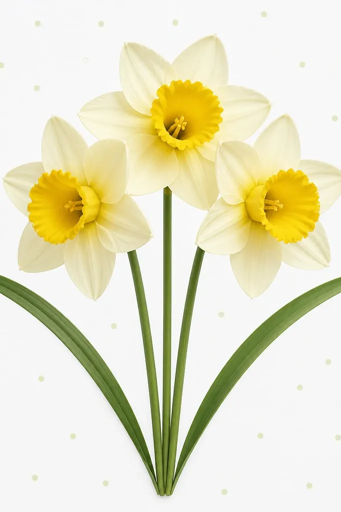 Three narcissus flowers drawn close together like a small bouquet. Each has a yellow cup and cream petals. All three stems meet at a common point at the bottom, with two leaves spreading outward. The background is plain white with a few light green dots.