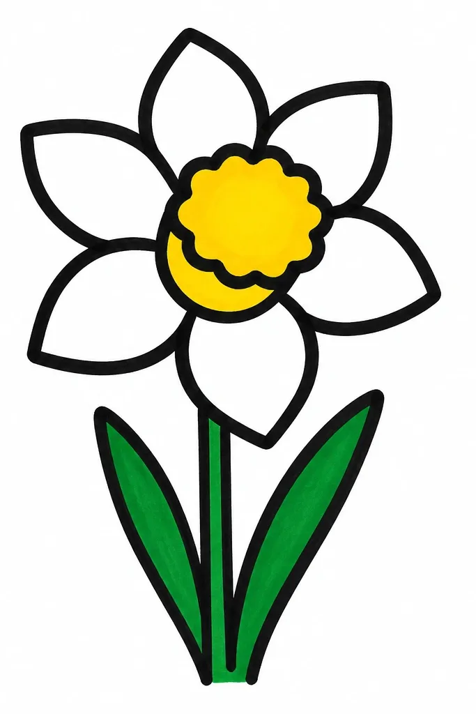 A bold narcissus drawn entirely with a thick black marker. The cup is filled with a solid yellow marker, petals are left white, and outlines are thick and clean. A green stem and two simple leaves sit beneath. Background is blank white.