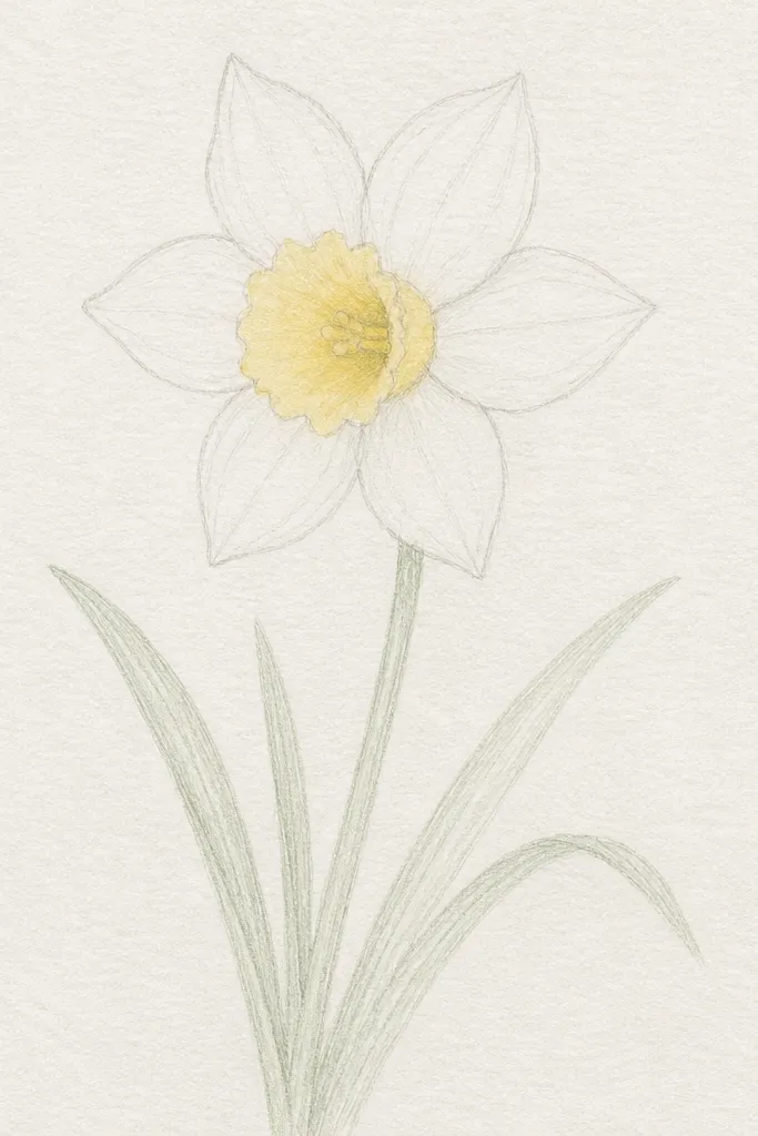 A light pencil drawing of a narcissus on textured sketch paper. The petals are outlined softly, and a single watery yellow wash sits inside the cup. The stem and leaves are done in pale green pencil with no strong shading.