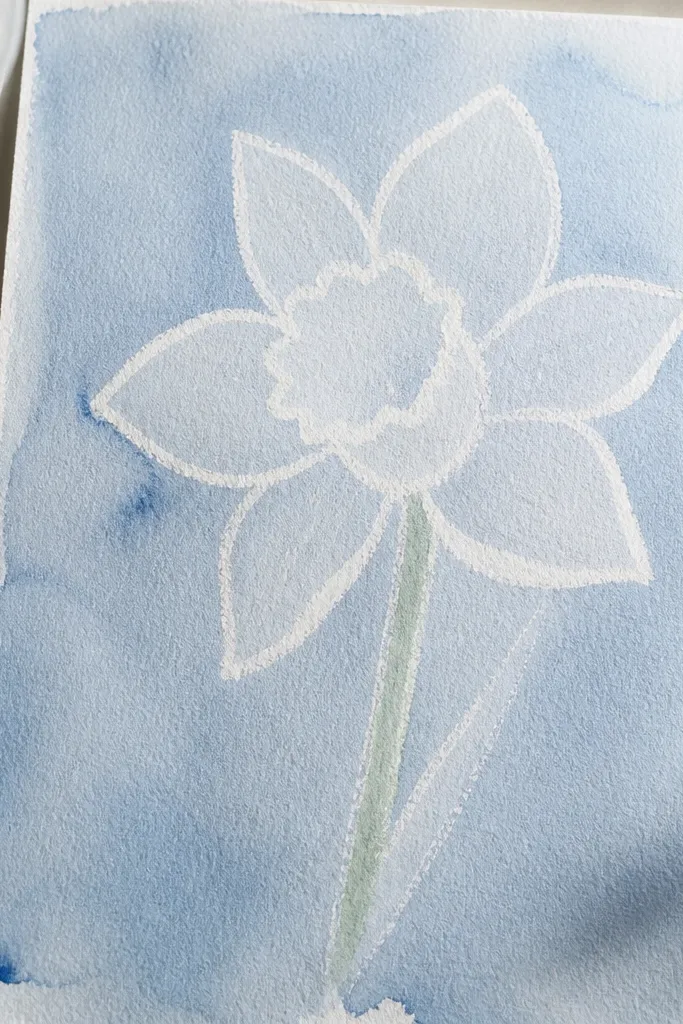 A narcissus outline drawn in white crayon on white paper, then covered with pale blue watercolor wash. The cup and petal shapes appear as lighter areas where the crayon resisted the paint. A green stem is visible as a lighter streak.