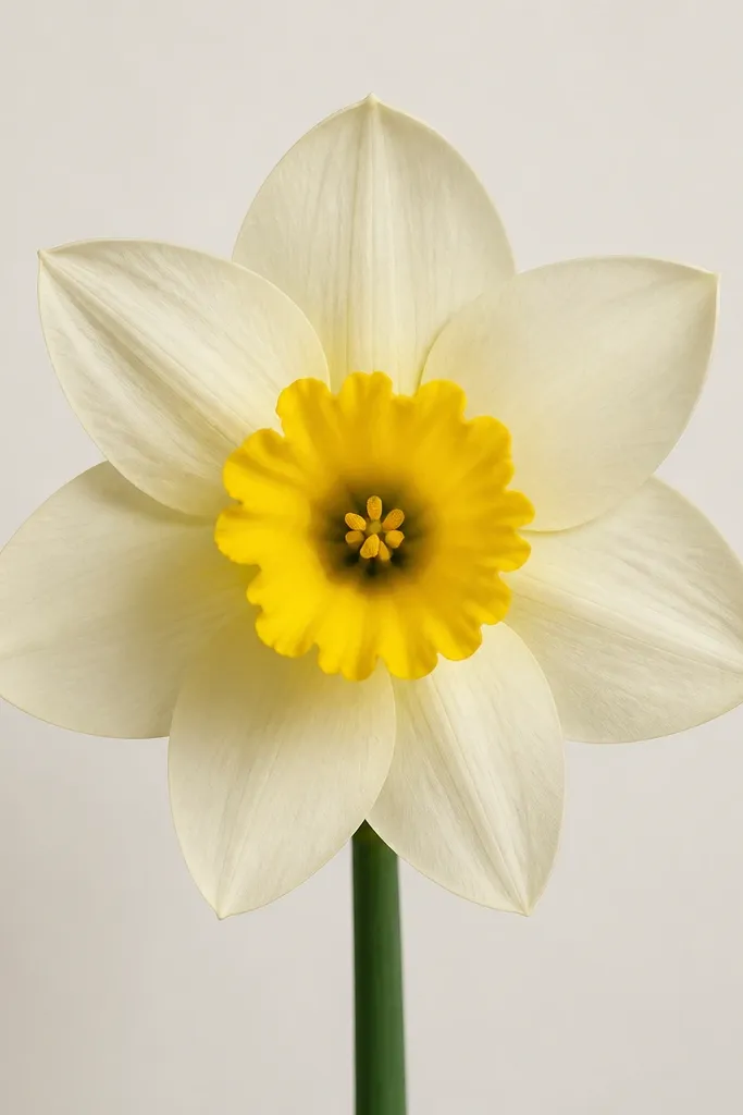 A narcissus built inside two faint pencil circles. The cup sits at the center, and 6 petals are drawn as evenly spaced arcs around the circle. The petals are colored cream, and the cup is yellow. A green stem exits from the bottom center.