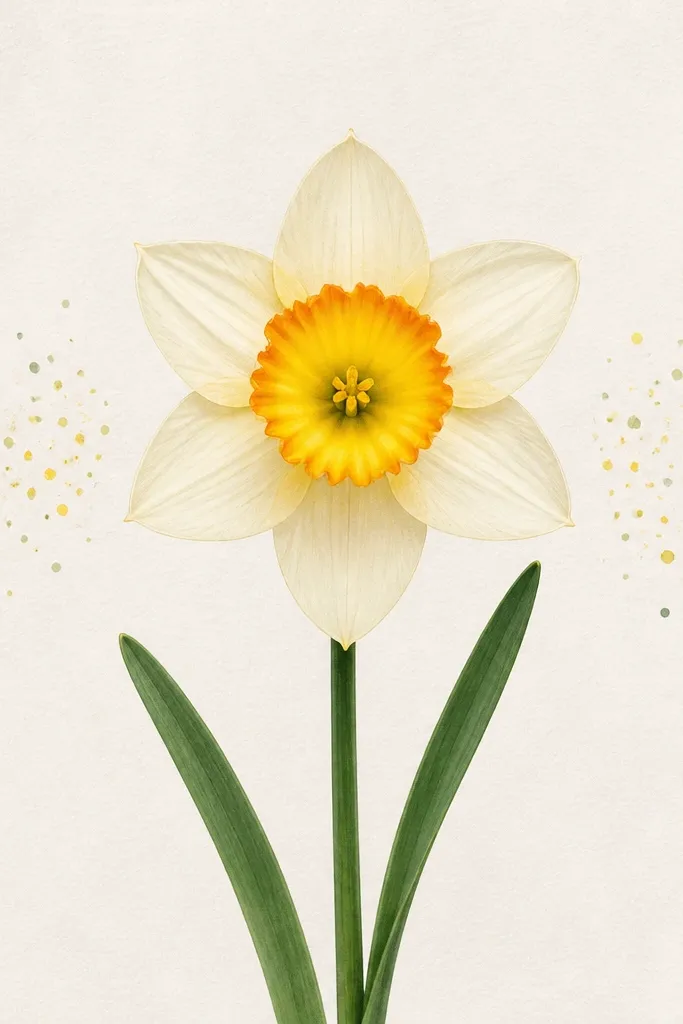 One narcissus centered on the page. The petals are cream with light pencil lines, the cup is yellow with a darker orange rim. Around the flower, small green and yellow dot clusters sit to the left and right like pollen. Stem and leaves are simple.