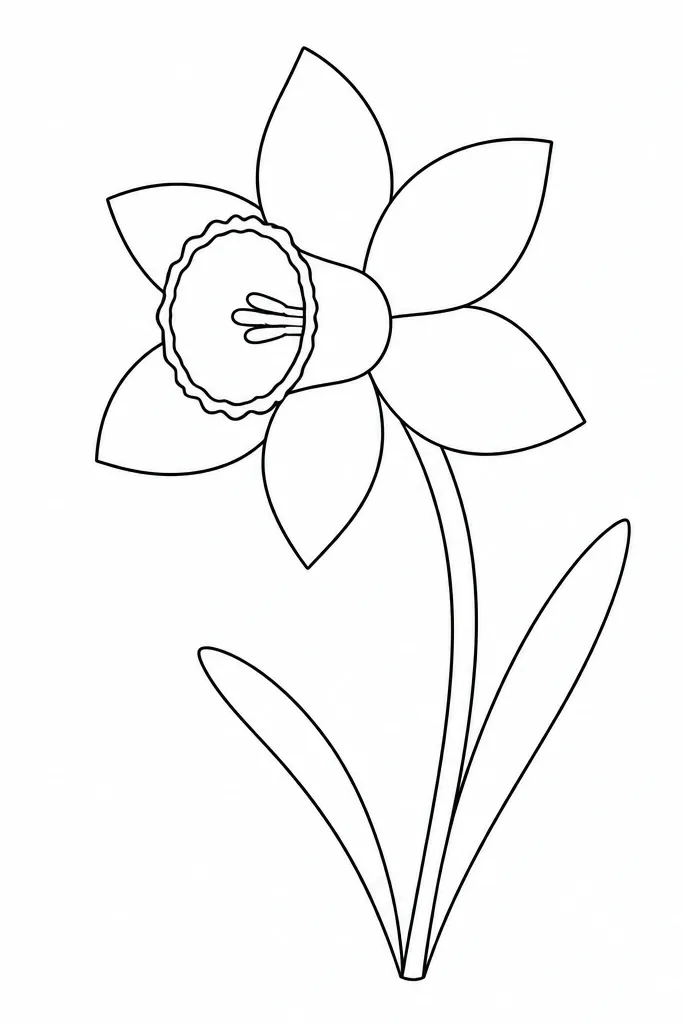 A crisp black line drawing of narcissus with no color. The cup is outlined with two clean rim lines, and the petals are drawn with single continuous arcs. The stem is a smooth curve with two leaves drawn as thin ovals. Background is blank.