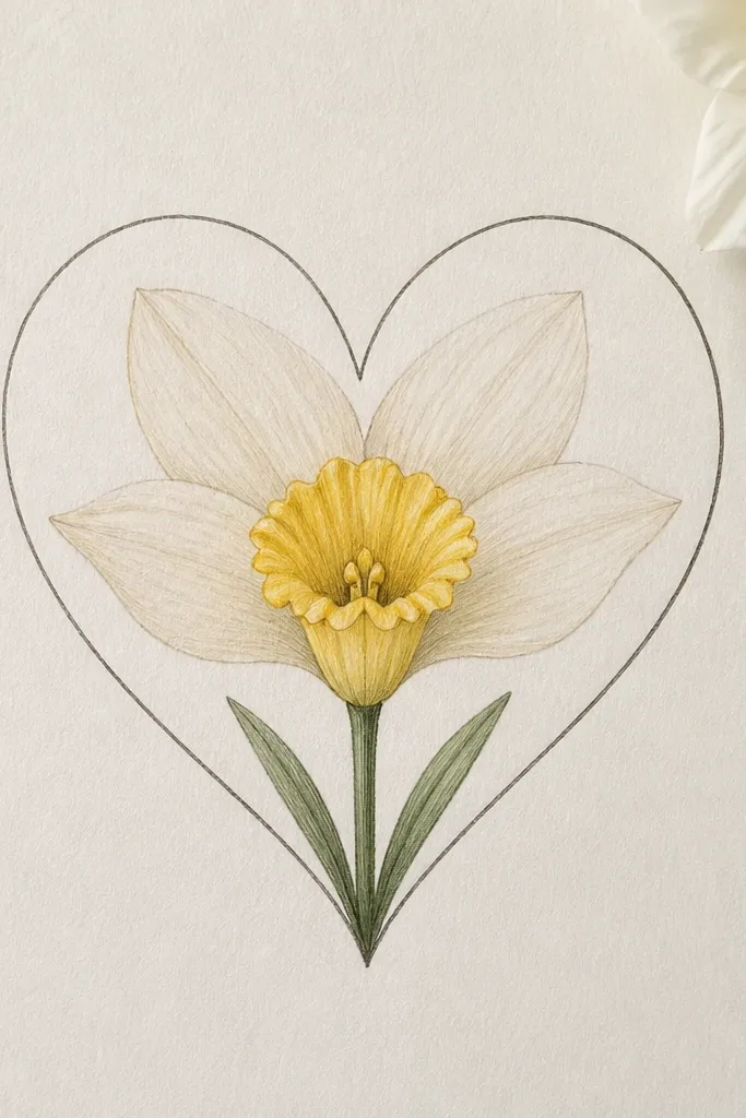 A narcissus drawn inside a simple heart outline. The cup sits in the center of the heart, shaded yellow, with cream petals rising up like the heart's inner curve. A small green stem and two leaves sit at the bottom point of the heart.