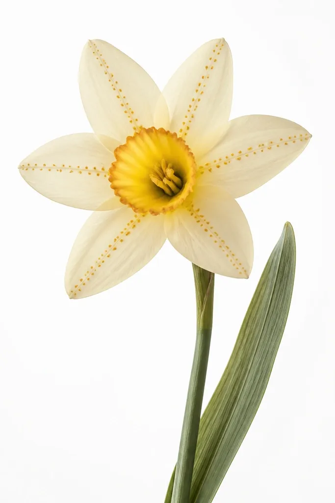 A narcissus with cream petals that have tiny orange-brown dots along each petal. The cup is yellow with a darker rim. The stem is green with a few leaf veins drawn in pencil. Background is plain white.