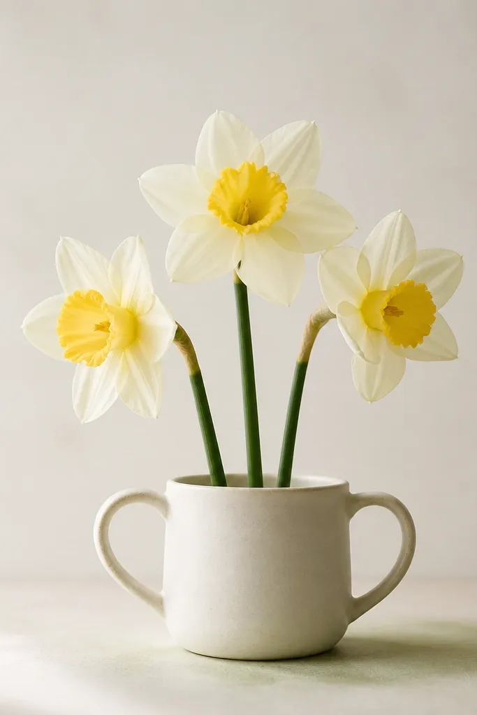 A simple mug shape at the bottom of the page with two handle lines. Three narcissus stems rise from inside the mug. Each flower has a yellow cup and cream petals. A light green shadow sits under the mug.