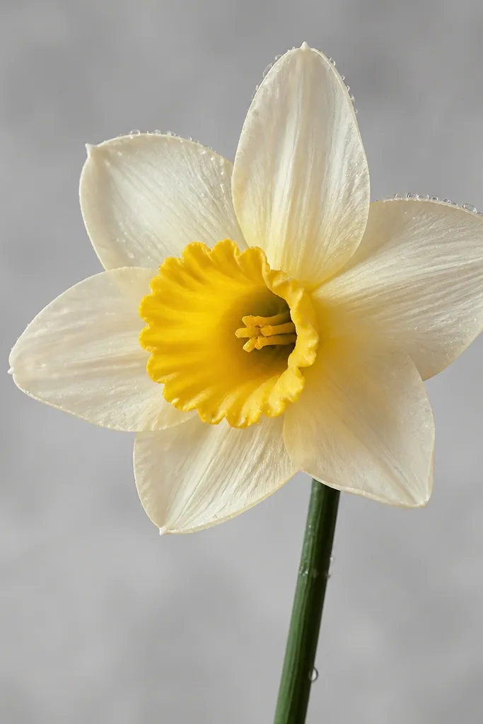 A narcissus with a yellow cup and cream petals. Tiny white teardrop highlights sit on the cup and along the top petal edges. The stem is green with a few small water droplets on it. Background is light gray wash.