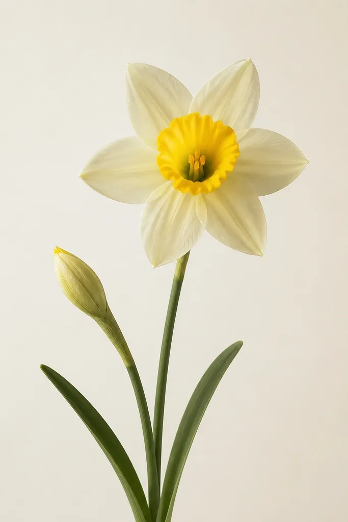 Two plants on one page: one open narcissus flower and one closed bud below it. The open cup is yellow, petals are cream. The bud is a small tight oval with a faint yellow top. Stems share the same base and two leaves sit near the bottom.