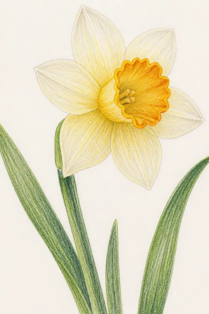 A narcissus drawn with colored pencils. The petals are cream with soft light yellow shading near the base. The cup is layered with pale yellow and a warm orange shadow along one side. The stem and leaves are green with visible pencil strokes.