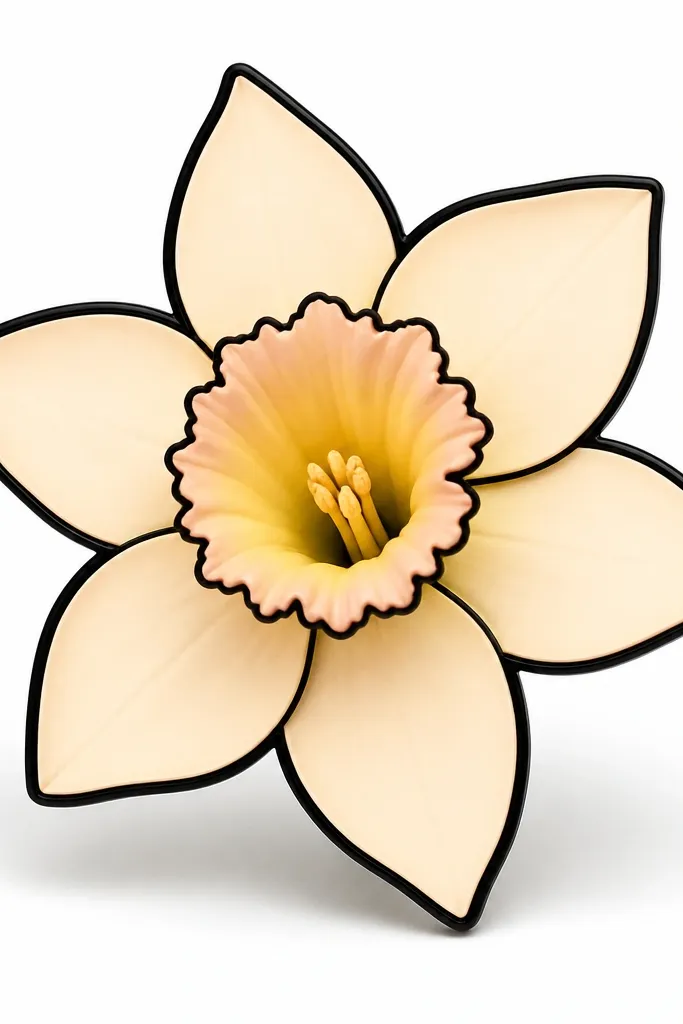 A narcissus with very thick dark outline. The cup is pastel yellow and slightly pink-tinted at the rim. Petals are pale peach-cream with a smooth fill. The background is white, and there's a faint gray shadow under the flower.