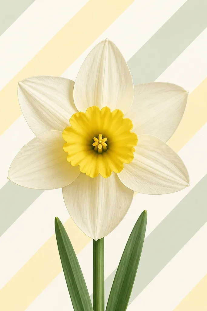 A narcissus centered on a page with light diagonal stripes in pale green and pale yellow behind it. The flower has a yellow cup and cream petals with simple outlines. The stripes stay behind the flower, not over it.