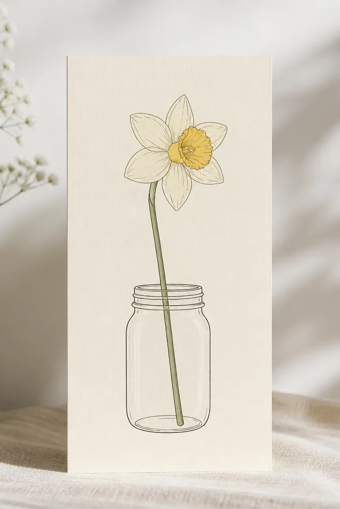 A tall rectangular card with a simple jar drawn in thin lines. A narcissus stem rises from inside the jar. The jar has a lid line and a few curved highlight lines. The flower cup is yellow, petals are cream, and the jar highlights are left white.