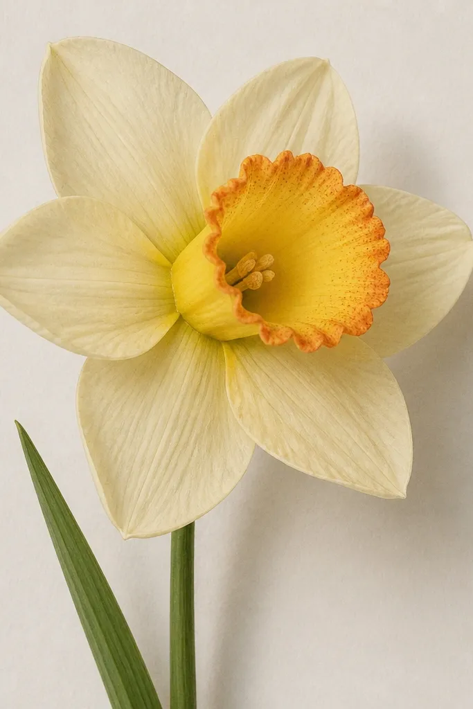A narcissus close-up on paper. The cup is yellow with an orange rim, and the rim has tiny speckles. Petals are cream with light pencil texture lines. The stem is thin and green, with one leaf.