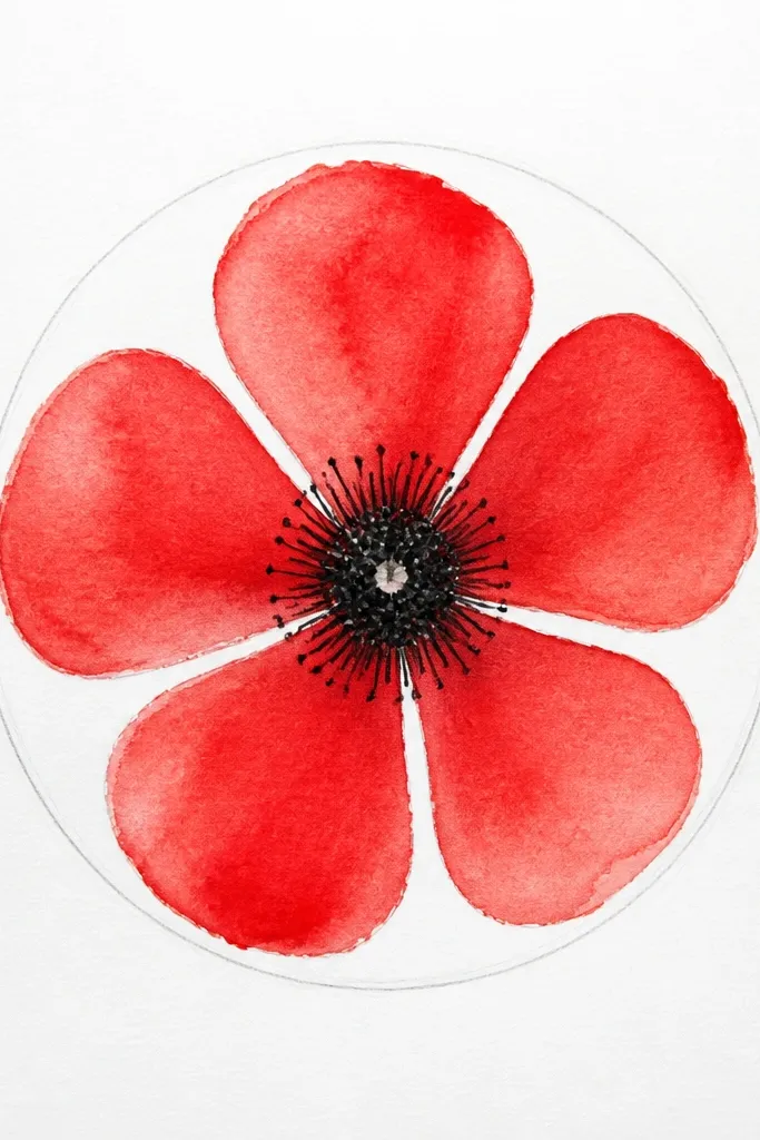 A single poppy head centered on white paper. A light pencil oval forms the flower. Five red teardrop petals radiate outward. The center is a dark cluster of tiny dots with a small pale highlight spot. Thin black lines suggest short stamens.