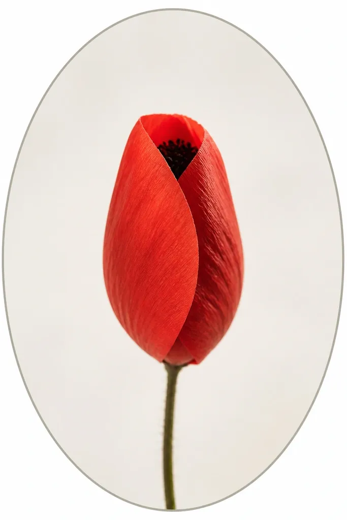 A small bud drawn inside a vertical oval border. The bud has two folded petals in red and one darker red fold. The center is mostly hidden, shown as a small dark dot cluster at the top. A thin stem line drops down from the bottom.