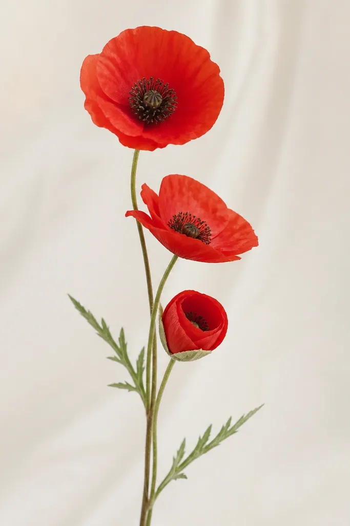 Three small poppy flowers stacked along one stem. The top flower faces forward, the middle flower is slightly angled, and the bottom is a bud-like half flower. Each has red petals and dark dotted centers. Two thin leaves branch off the stem.