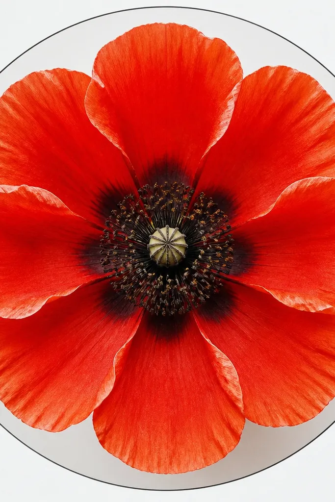 A circular poppy head with eight red petals arranged like a loose mandala. The center has dark dots and short stamens, with a small pale highlight. The petals have lighter edges and darker inner shadows. A thin circular outline frames the whole flower.