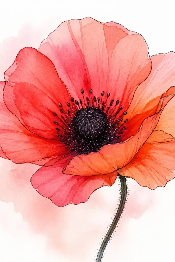 A poppy head with soft watercolor petals in pink-red and orange-red tones. A thin black marker outlines the petal shapes. The center is dark with dotted texture, and the stamens are thin black lines. The background is clean white with a faint pink wash near the petals.