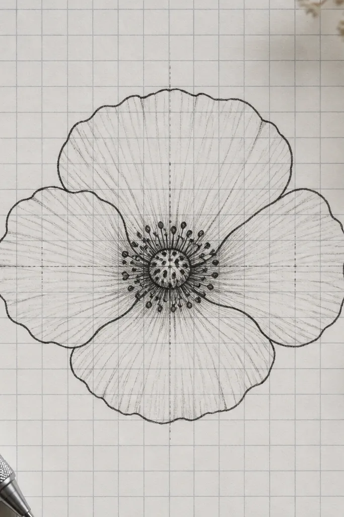 A poppy head drawn on visible graph paper. Petals are placed evenly across grid lines. The center has dark dots and short stamens. A few light construction lines show alignment, and the final outlines are darker and cleaner.