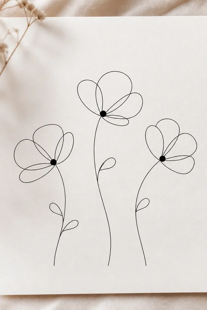 A minimal poppy doodle set: three flowers outlined in one continuous thin line style. Petals are simple teardrops with no full coloring. The centers are dark dots only. Stems are single-line curves with tiny leaf teardrops.