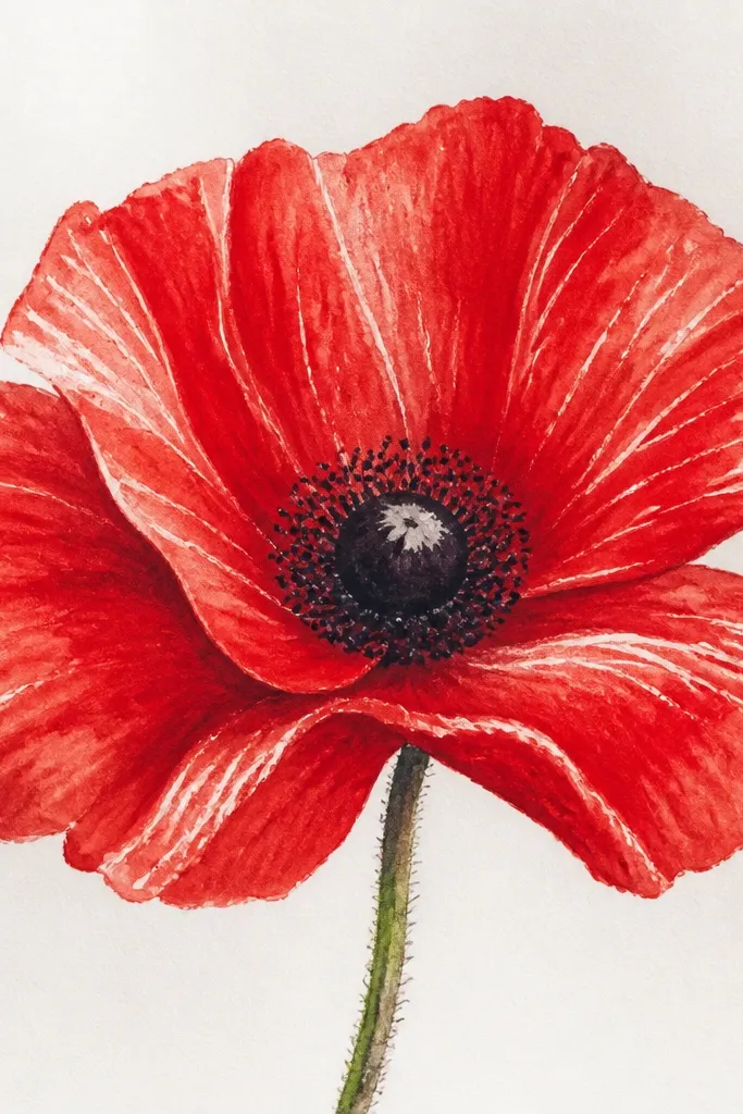 A red poppy drawing where bright white streaks appear on the petals. The petals are shaded with watercolor or paint, but thin white highlights stay unpainted due to crayon. The center is dark with dotted texture and a small pale highlight.