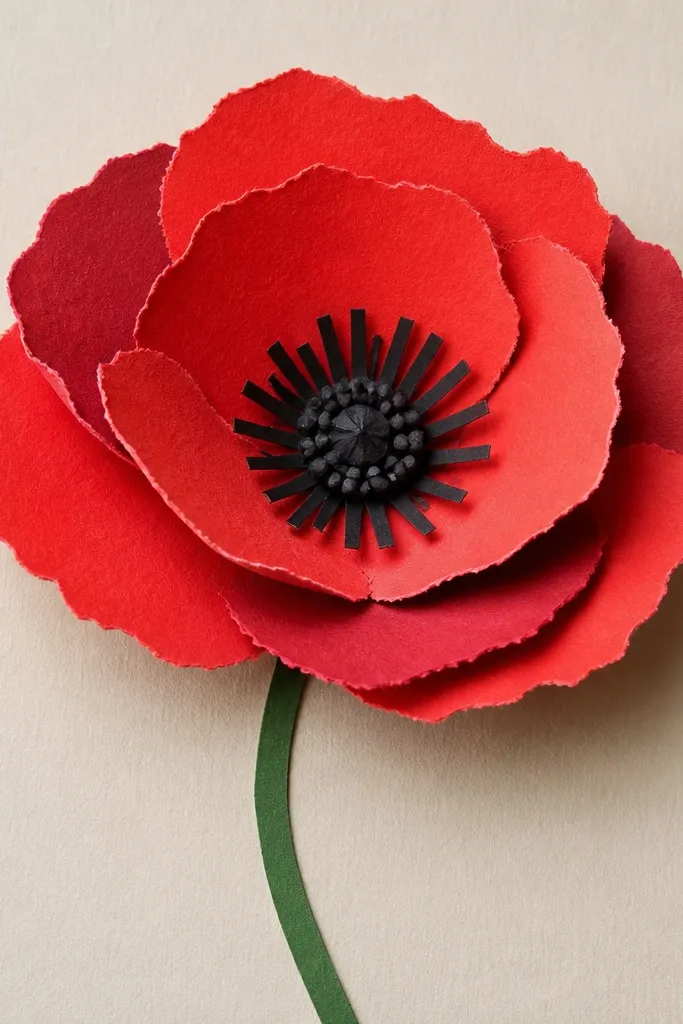 A layered craft poppy made from red paper pieces. Petals look like torn edges, with darker red paper behind some layers. The center is black paper with small glued dots and thin paper stamens. A simple green stem is drawn or cut.
