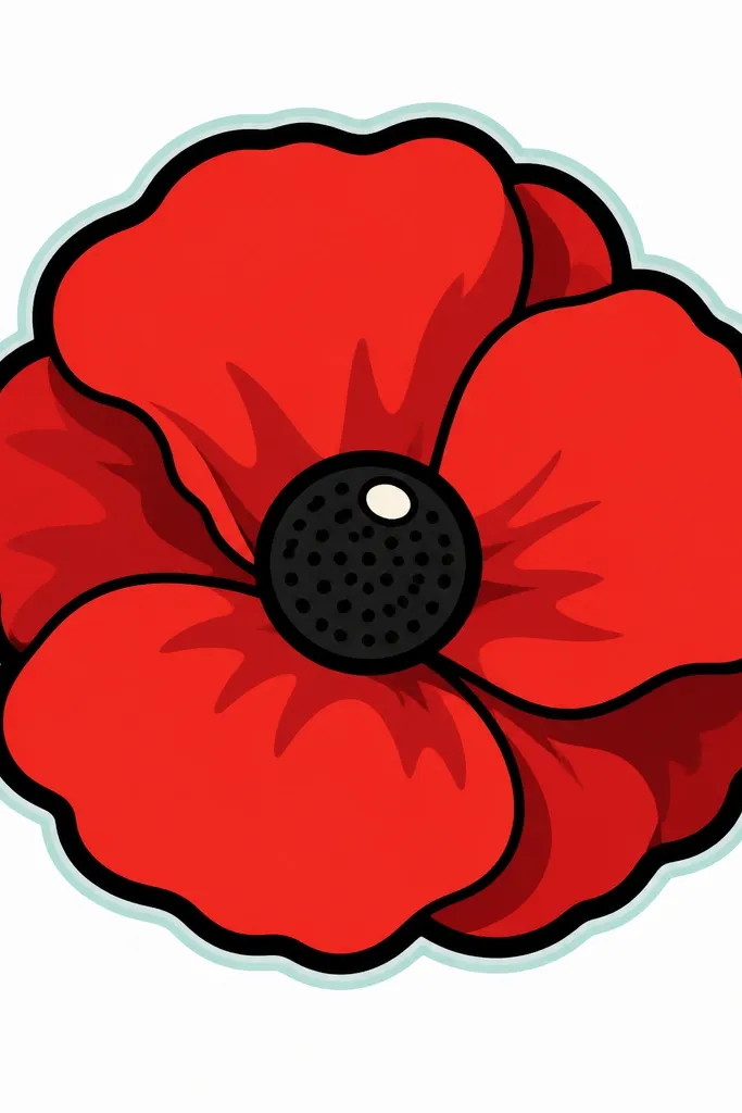 A bold poppy head with thick black outline like a sticker. Petals are flat red fill with darker red shadow patches. The center has a solid dark circle with dotted texture and a small off-white highlight. The background is white with a thin colored halo line.