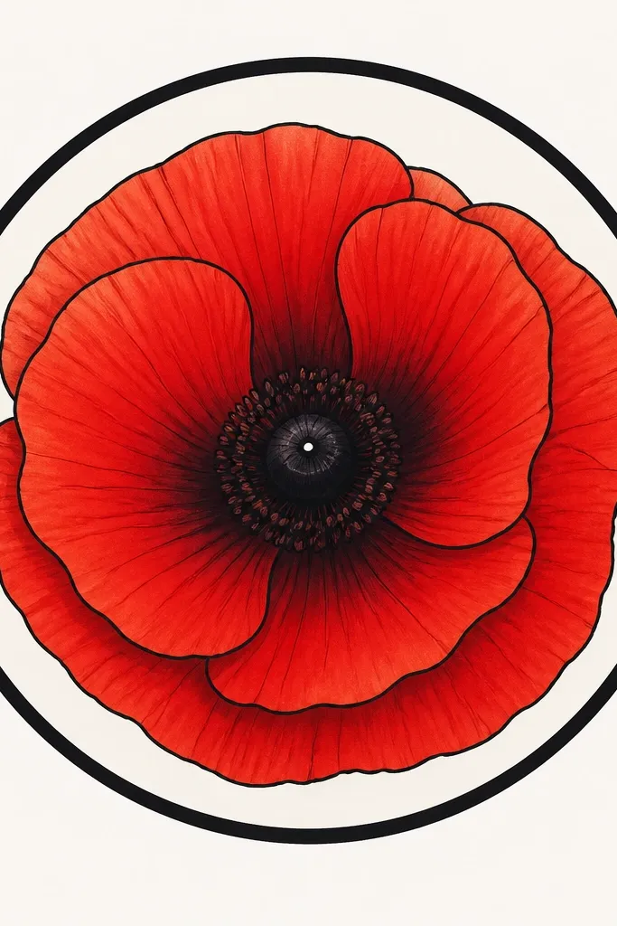 A poppy drawn inside a neat circle, like a button design. The petals are red with darker red inner shading. The center is dark dotted with a tiny highlight. The circle border is clean and slightly thicker than the flower outline.