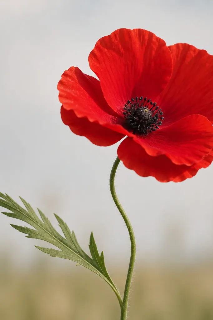 A poppy head with five petals that have wavy, slightly scalloped edges. Petals are red with darker red shading on the underside. The center is dark dotted with stamens. A thin stem curves gently, and one leaf looks wind-swept.