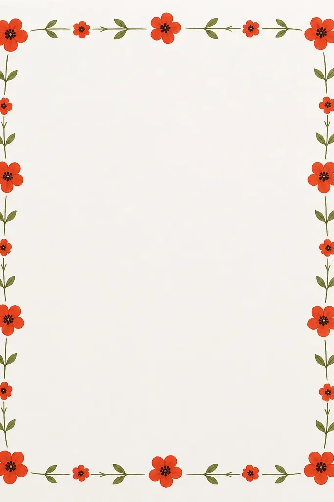 A page border made of small poppies and leaves running along the edge. The flowers are simpler versions: five teardrop petals, dark dotted centers, and thin stems. Leaves are two teardrops connected by a vein line. The border alternates flower sizes.