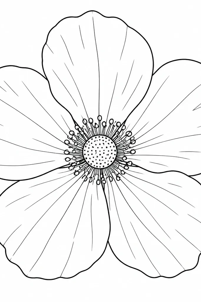 A clean line drawing of a poppy with five teardrop petals outlined in black. The center is a dotted circle with small stamens. Petal edges have a few simple vein lines. No color is filled in, only crisp outlines.