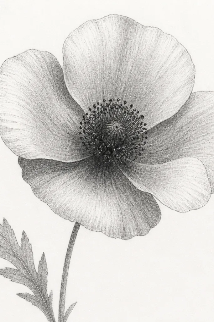 A pencil-drawn poppy with five petals shaded in graphite. The center is darker with heavier graphite dots. There are soft gradients on the petal underside and a gentle highlight on the upper edges. A light stem and leaf are shaded with pencil too.