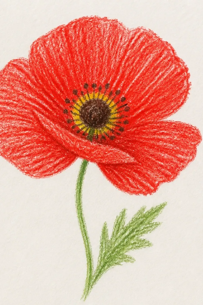 A poppy drawn with crayon. Petals are red with visible crayon texture and a few lighter streaks. The center has a dark brown base with a yellow glow ring around it. Short stamens are dark lines. A green stem and leaf are lightly colored.