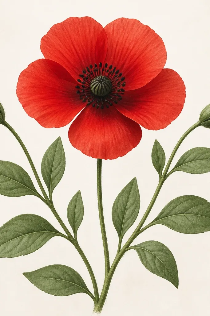 A poppy head with two stems branching out, like a small plant cluster. The leaves are teardrops with a center vein line. The poppy has five red petals with darker red shading and a dotted dark center. The composition is balanced and fills the page.