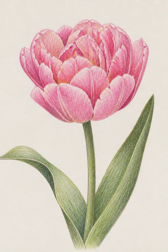 A single tulip drawing shows layered pink petals with a darker rose crease running from the petal base toward the tip. The center looks warm and slightly yellow-green near the stem. Edges are crisp, with a few darker lines defining folds, and the background is plain white.