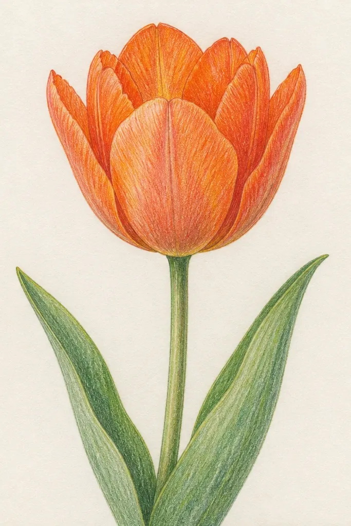 A bright orange tulip sits on a white background. The outer petals are warm orange with lighter highlights, while the inner folds are deeper tangerine and a small center glow is almost buttery yellow. The stem is a muted green with visible leaf veins.