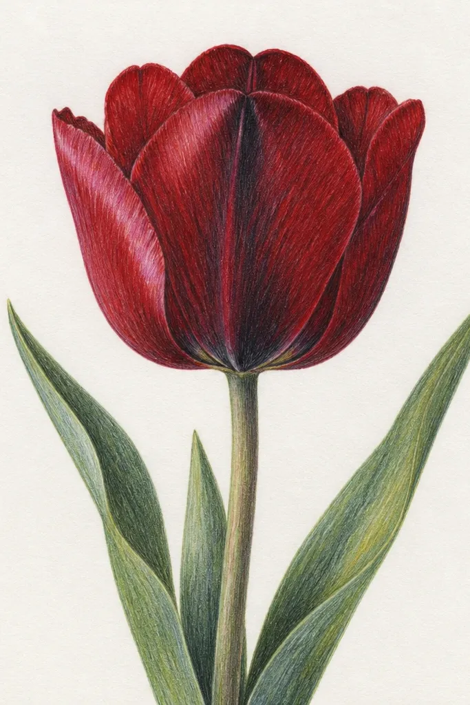 A red tulip with dramatic shadowing. The outer petals are deep crimson with a few lighter highlights, and the center fold looks almost black with a subtle burgundy edge. The stem is dark green, and the leaves have a matte finish.