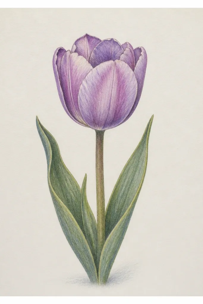 A lavender-purple tulip with pale lilac highlights. The shadows are cool gray-violet, and the crease is darker and slightly bluish. The stem is a cool muted green with soft, blended leaf edges.