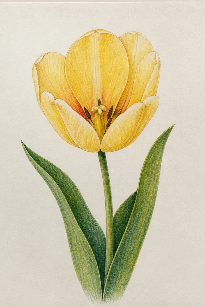A yellow tulip with bright golden outer petals and a softer, creamy center. The crease is deeper honey gold, and the center has a gentle gradient that looks like paint. The stem and leaves are a medium green.