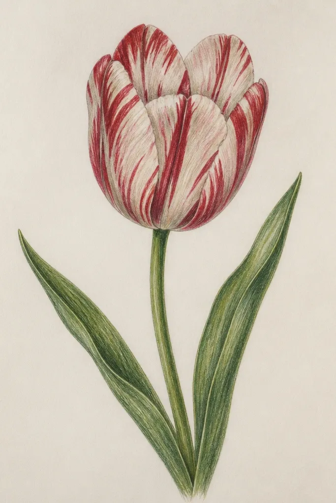 A striped tulip where each petal has pale edges and a deeper central stripe. The stripe looks clean and slightly darker, with a few soft edges where the two colors meet. The background is white; the stem is green with crisp leaf veins.