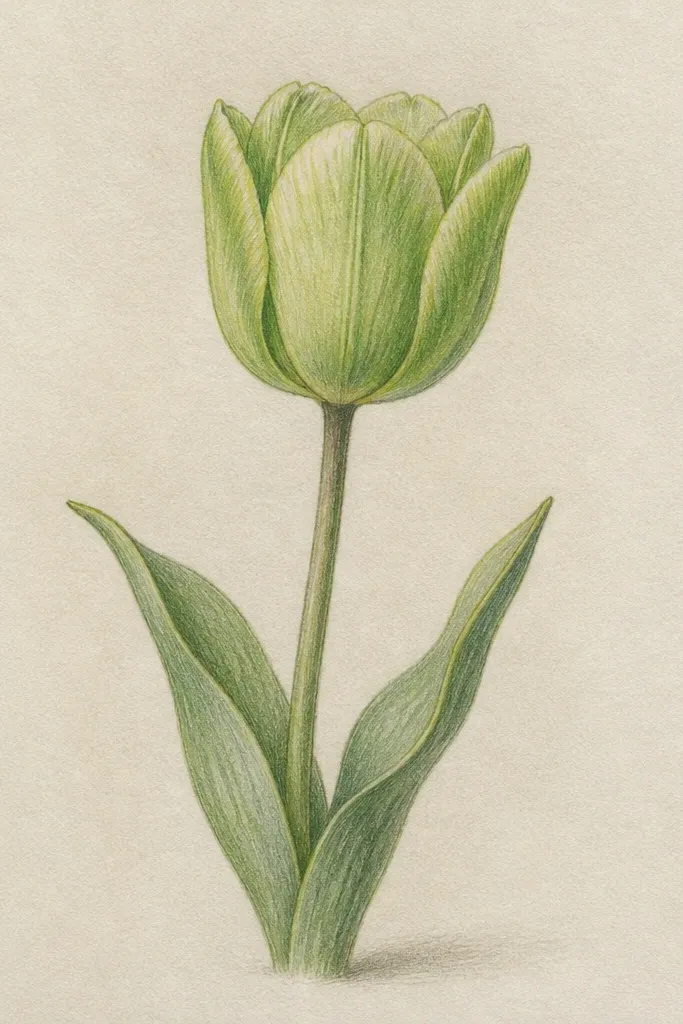 A green tulip with pale chartreuse highlights and deeper sage shadows. The center fold is darker olive, and the petals have a slightly matte, chalky look. The leaves are darker green with visible veins.