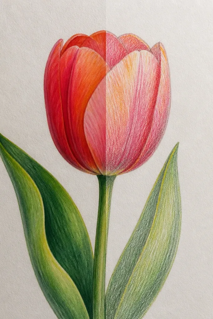 A side-by-side comparison image: left shows a tulip drawn with colored pencils, with crisp petal edges and visible pencil texture. Right shows the same tulip in paint, with softer edges and smooth color fills. Both have the same outline shape and stem placement.