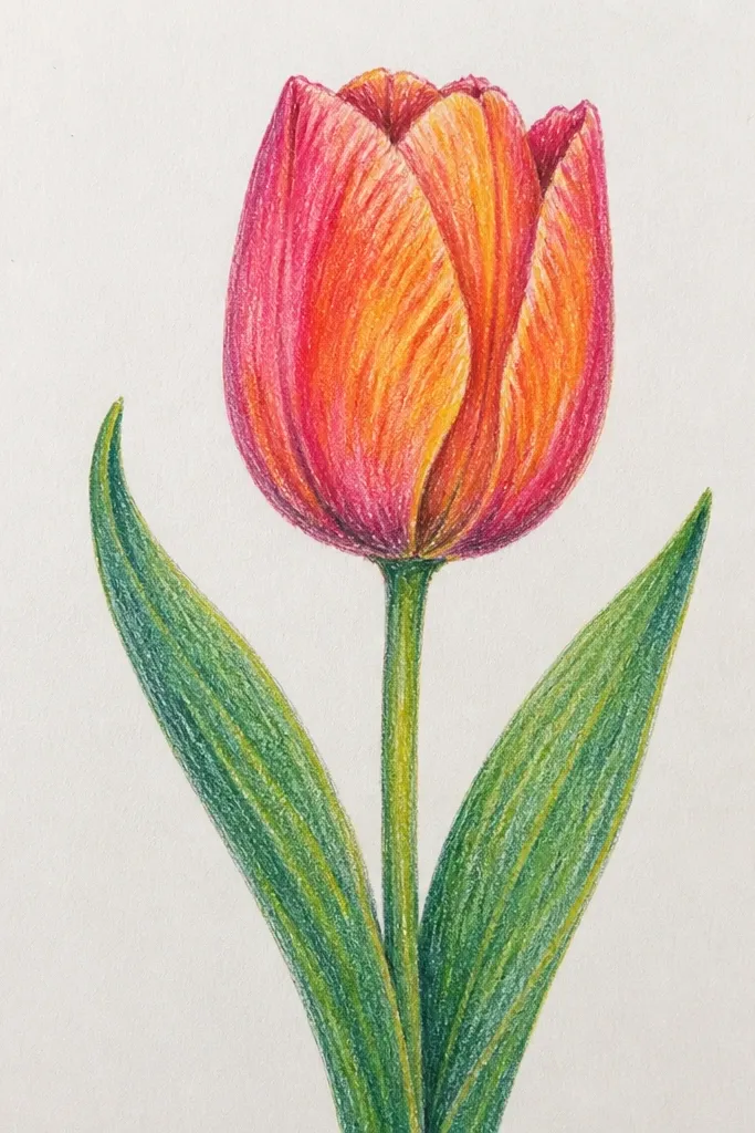 A single tulip centered on white paper. The petals are layered in warm orange to red gradients with a bright yellow highlight stripe on each petal edge. The background is soft peach and pale cream with a few light smudges; the stem is a deep green with sharp linework.